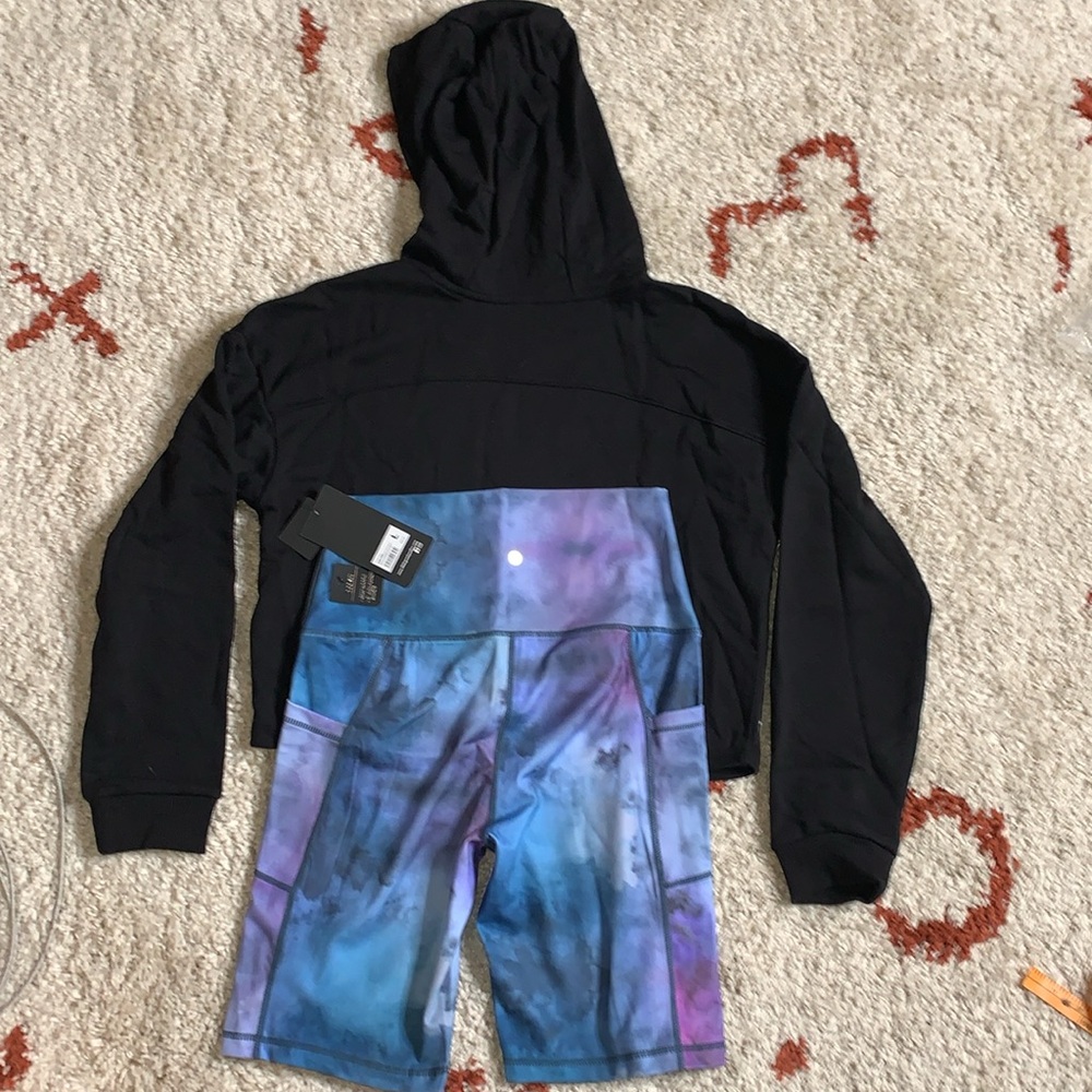 NWT- 90 Degrees by Reflex- Black Crop Hoodie & HR Blue TieDye Bikers w/ Pockets